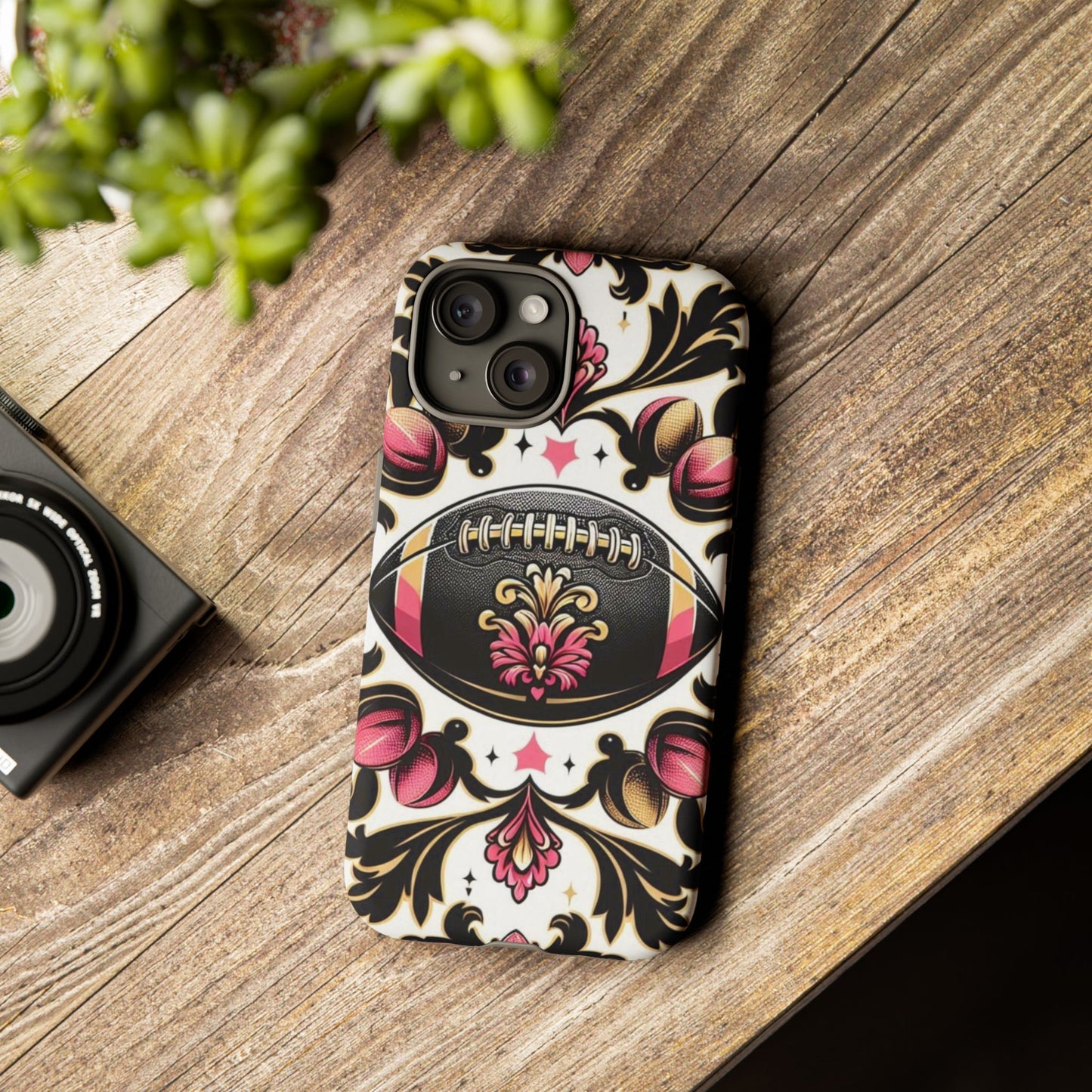 Elegant Floral Motif Phone Case - Tough Cases with Vintage Design - Damask White, Pink Gold & Black Football