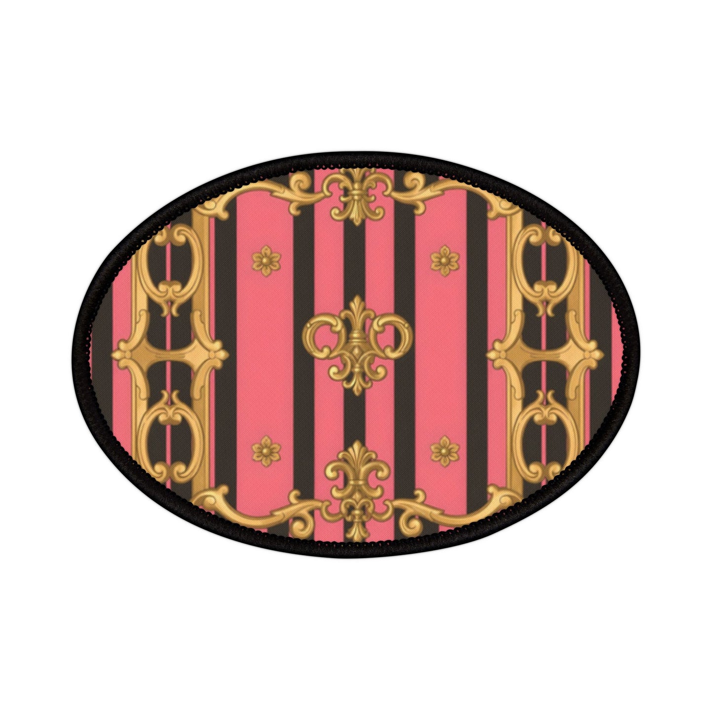 Chic Iron-On Patches for Custom Fashion, Vintage Style Patches for Jackets, Crafting Supplies - Pink & Black Striped Gold Baroque