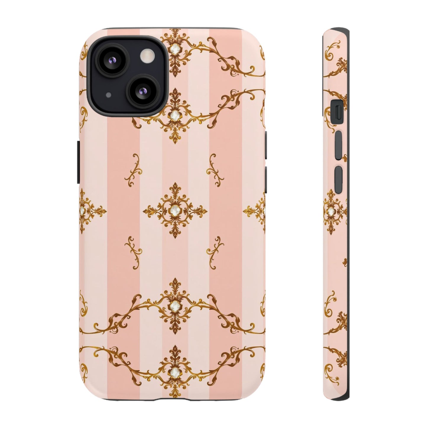 Elegant Floral Phone Case, Tough Cases for Women, Trendy Phone Cover, Chic Gift - Pink Jeweled Striped Gold Baroque