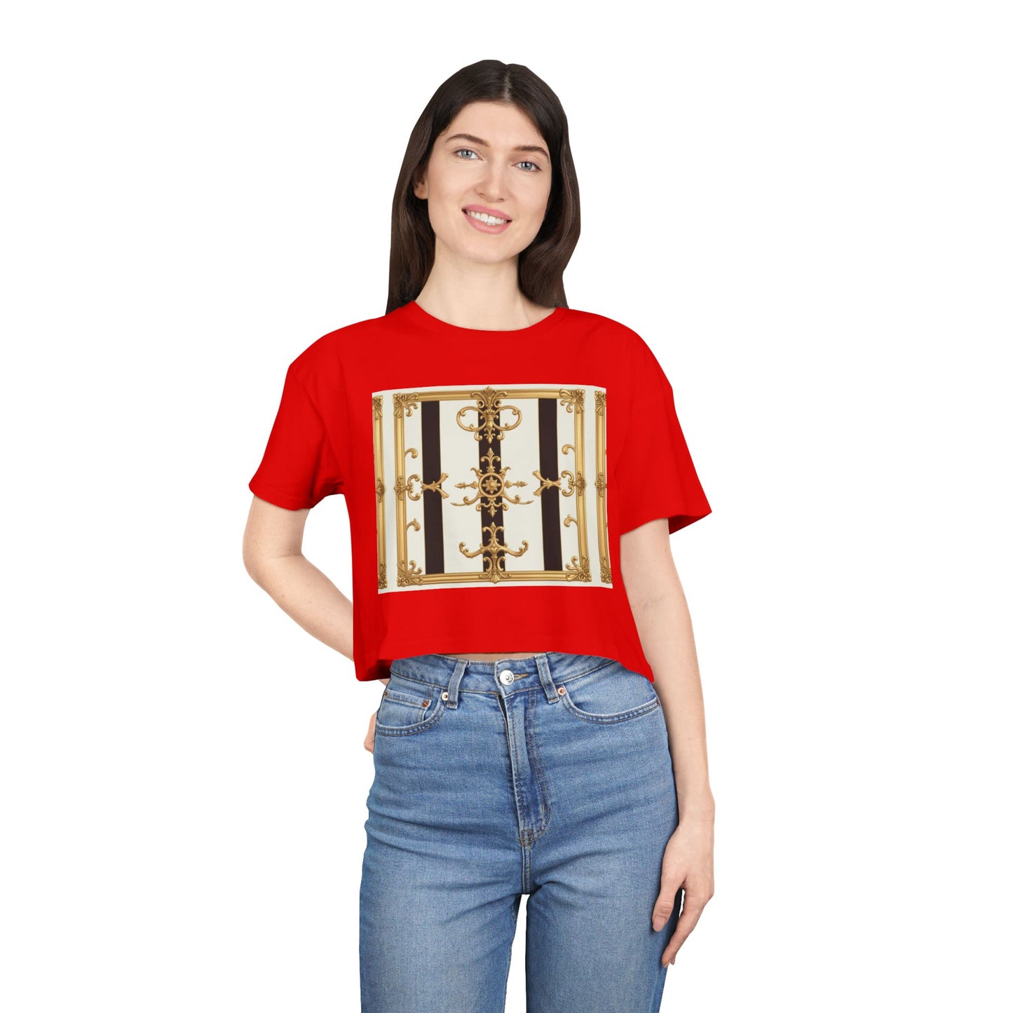 Chic Gold Baroque Women's Crop Tee, Stylish Summer Top, Fashionable Gift for Her, Casual Fashion - Black & White Striped Gold Baroque