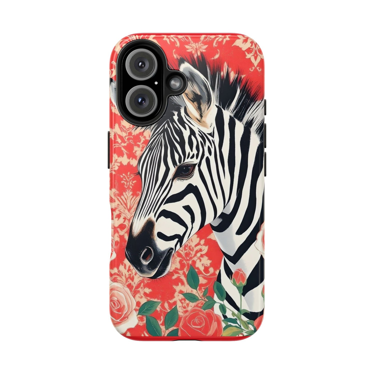 Zebra Tough Phone Case - Trendy Floral Design for Animal Lovers - Zebra With Coral Roses & Damask