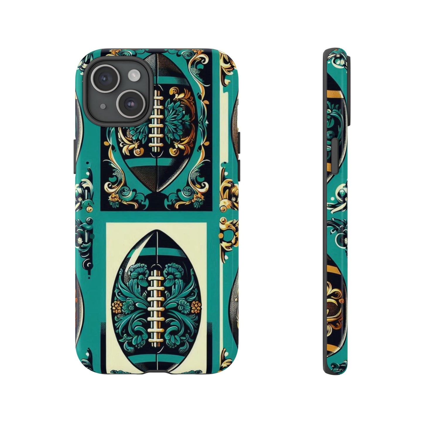 Elegant Floral Motif Phone Case - Tough Cases with Vintage Design -  Damask Teal, Gold & Black Footballs