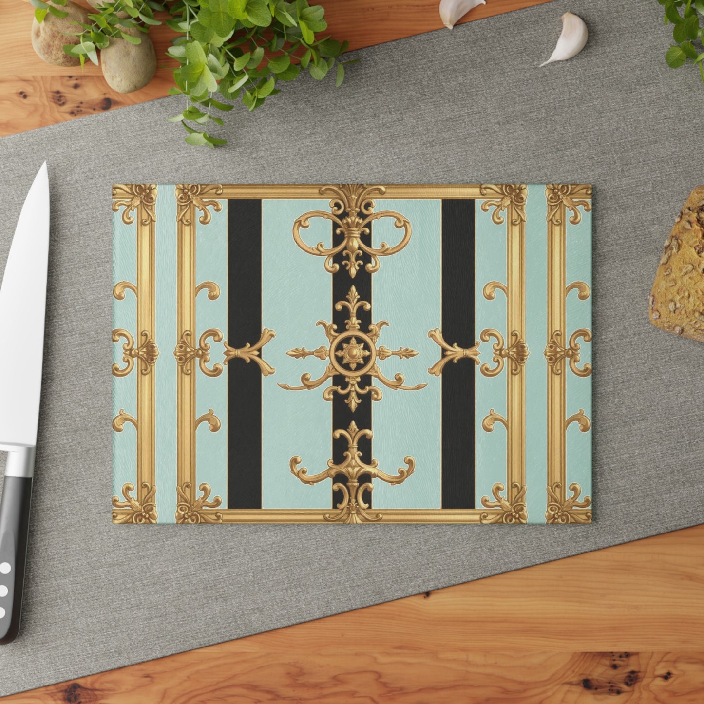 Elegant Glass Cutting Board, Chic Kitchen Decor, Housewarming Gift, Culinary Art, Unique Serving Tray - Black & White Striped Gold Baroque