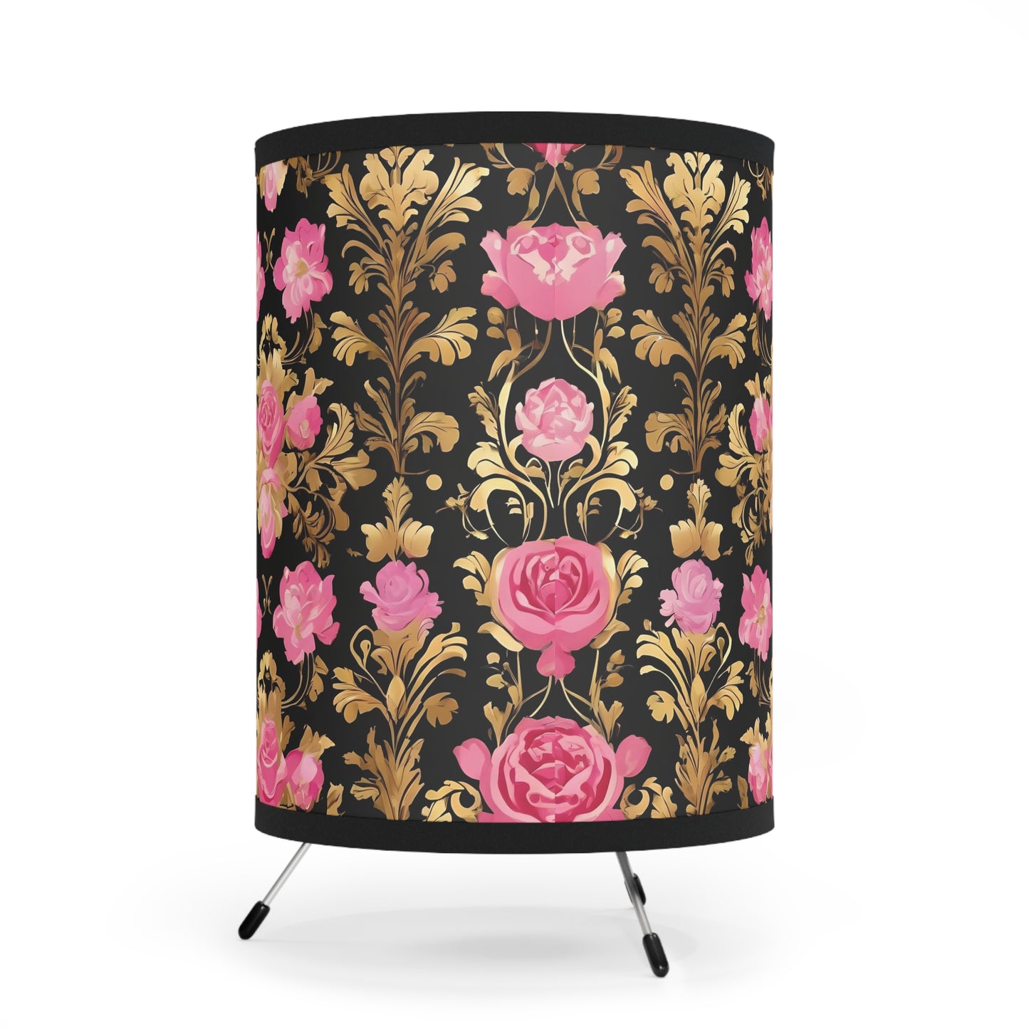Elegant Tripod Lamp with Vintage Floral Print Shade - High-Res Home Accent - Pink & Gold Roses