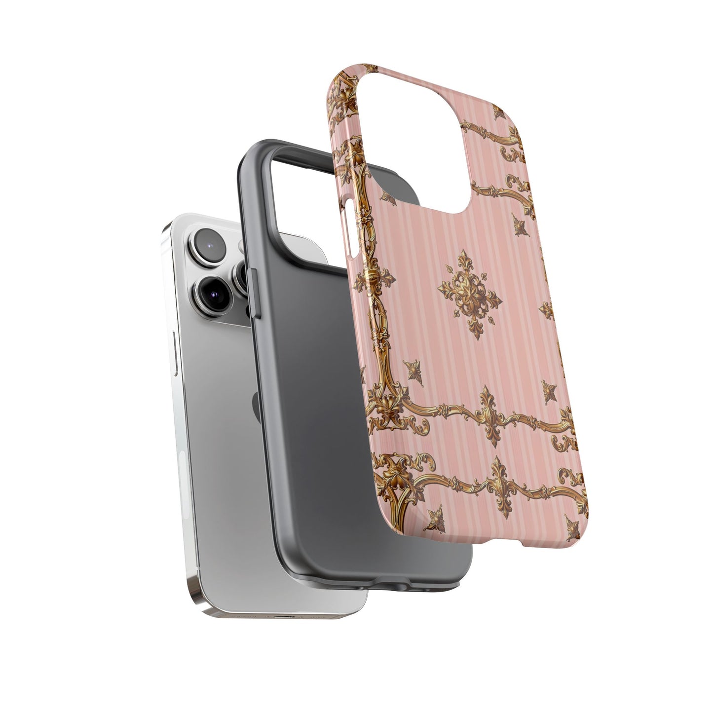 Elegant Floral Phone Case, Tough Cases for Women, Trendy Phone Cover, Chic Gift - Pink Striped Gold Baroque