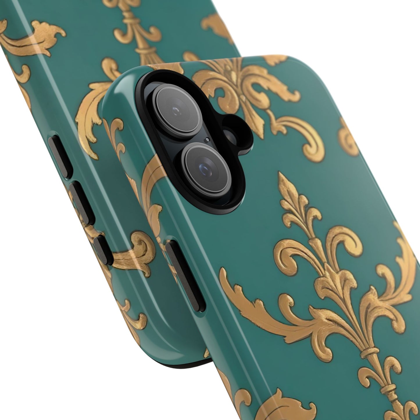 Elegant Floral Motif Phone Case - Tough Cases with Vintage Design - Aqua & Gold Damask