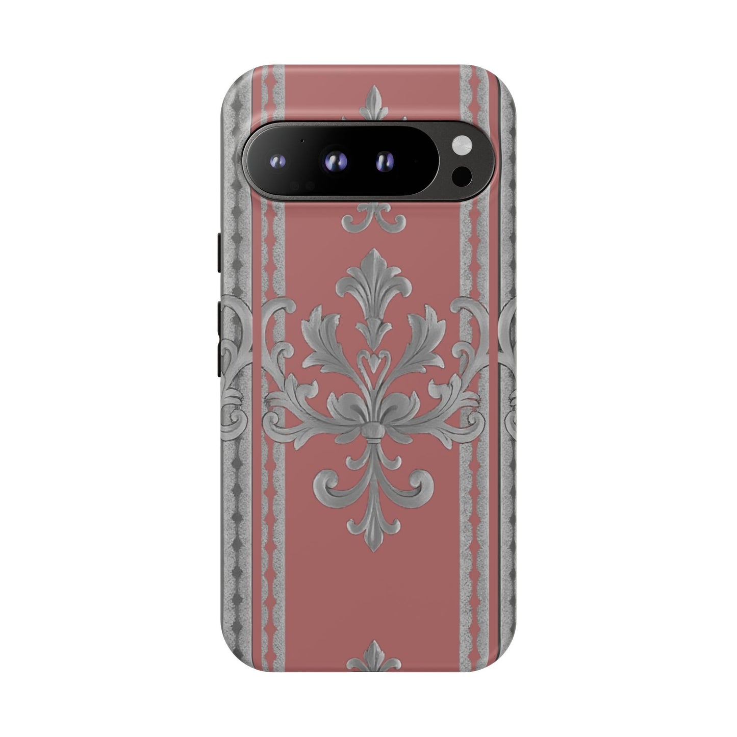 Elegant Floral Phone Case - Tough Cases for Stylish Protection - Gray & Mauve Striped Baroque