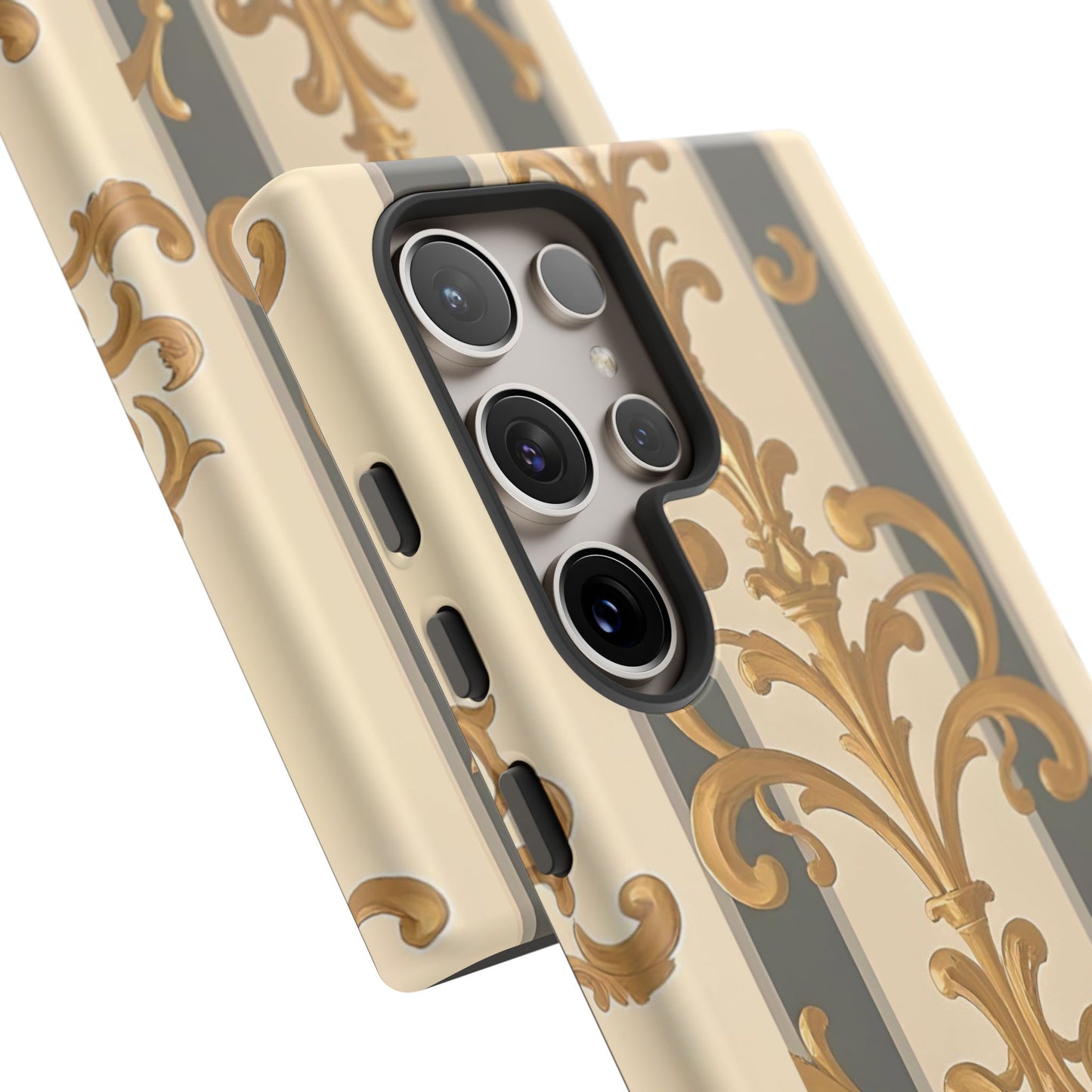 Elegant Floral Motif Phone Case - Tough Cases with Vintage Design - Dusk Olive Striped Gold Damask