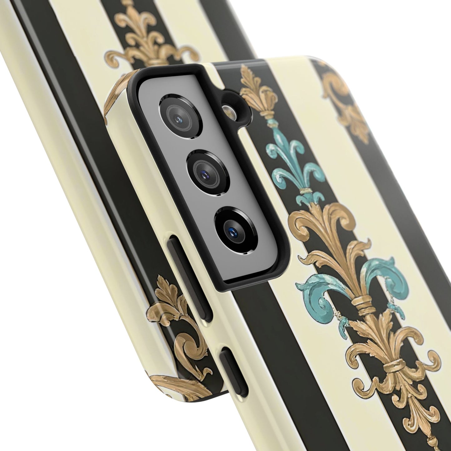 Elegant Vintage Tough Phone Cases, Stylish Phone Accessories, Quality Protection, Gifts for Her - Black Striped Turquoise & Black Rococo