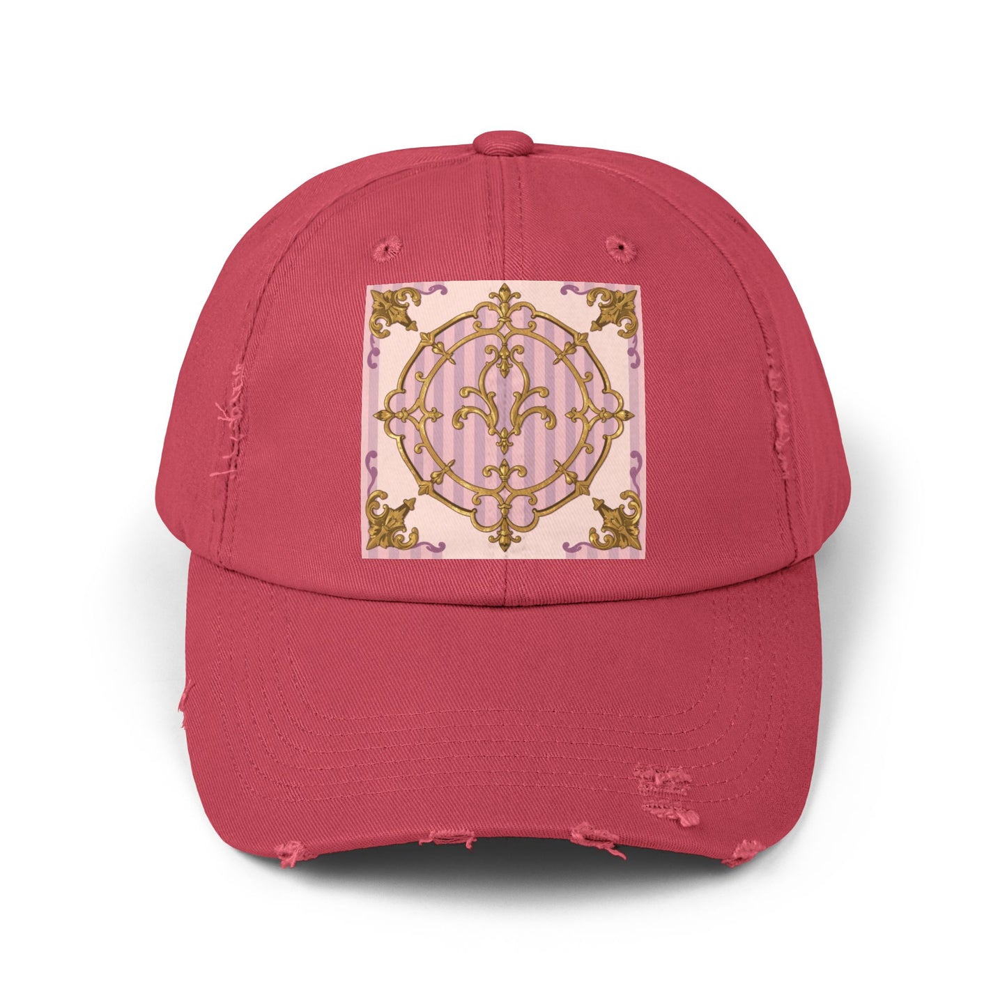 Chic Distressed Cap with Elegant Lavender & Alabaster Striped Gold Baroque Design | Casual Style, Streetwear, Gift for Her, Unique Accessory