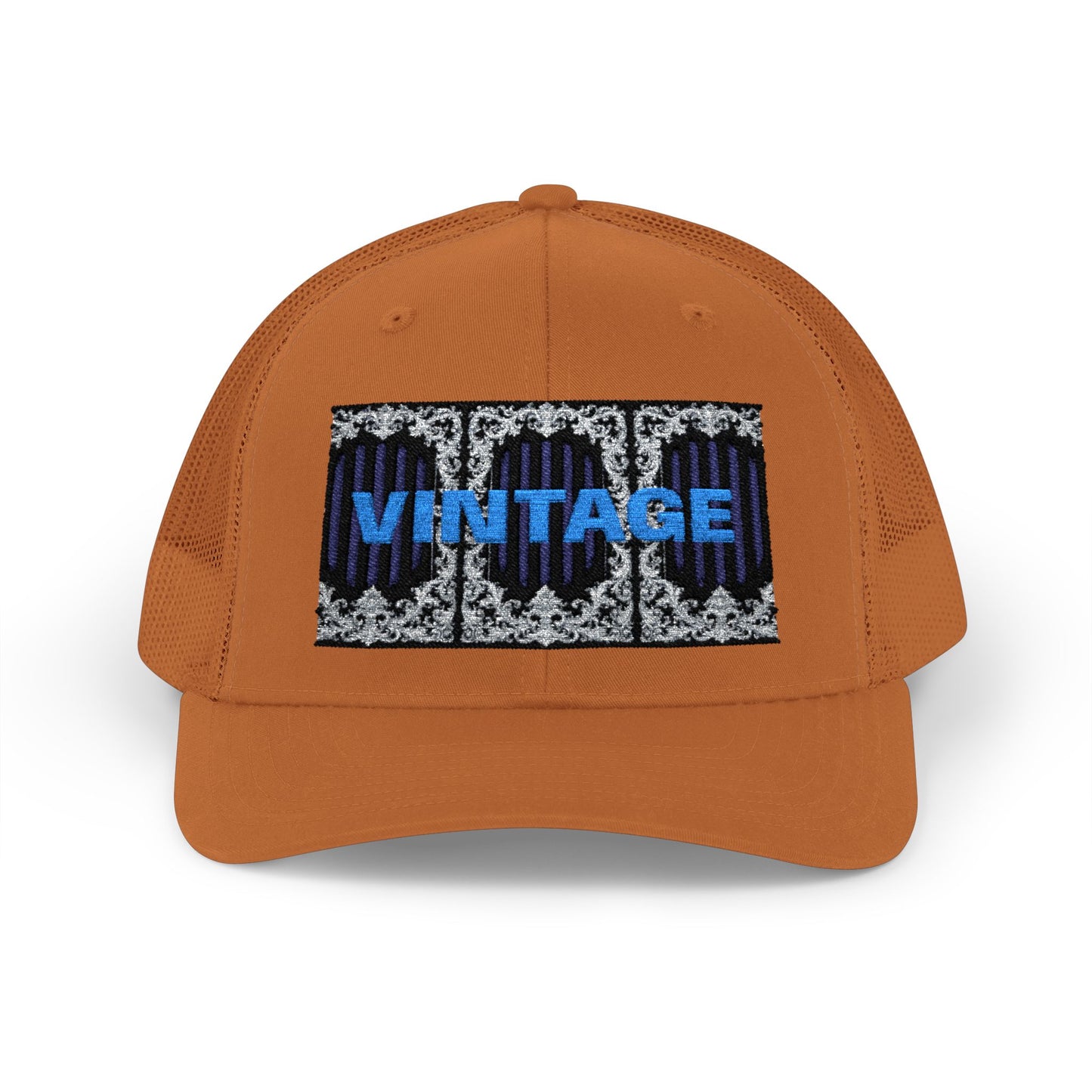 Vintage Navy Stripes & Baroque Trucker Cap — Retro 'VINTAGE' Embroidered Snapback