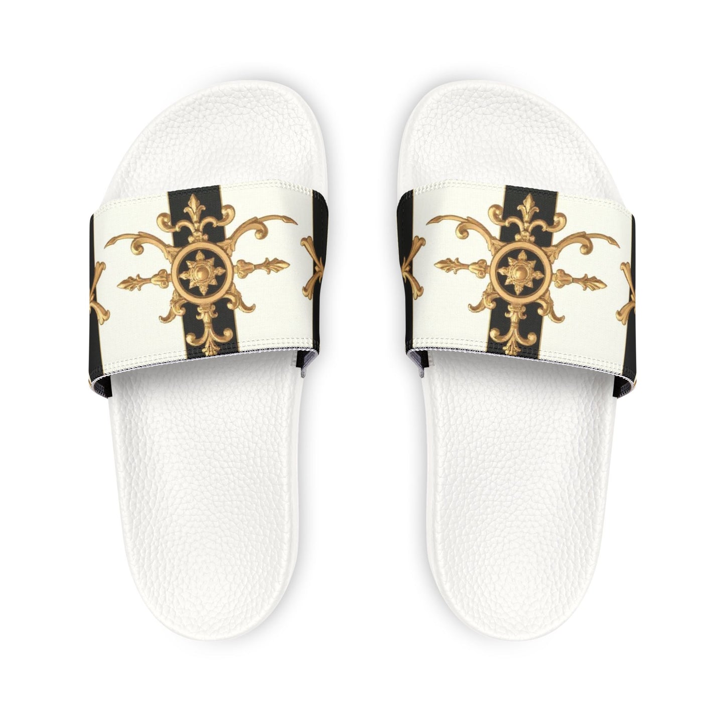 Stylish Women's Removable-Strap Sandals - Trendy Summer Slippers, Vacation Footwear, Casual Style - Black & White Striped Gold Baroque