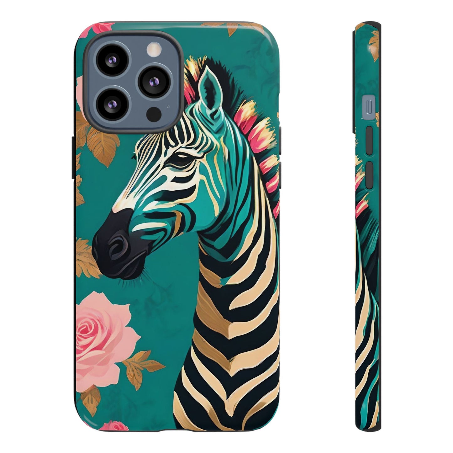 Phone Case - Elegant Teal & Gold Zebra & Roses Design