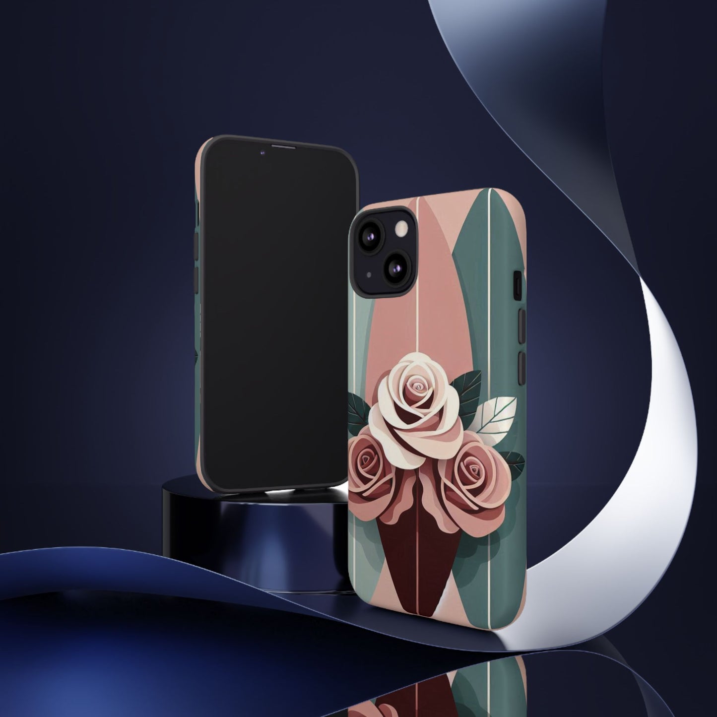 Phone Case - Burgundy, Matte Mauve & Teal Surfboard & Roses Design