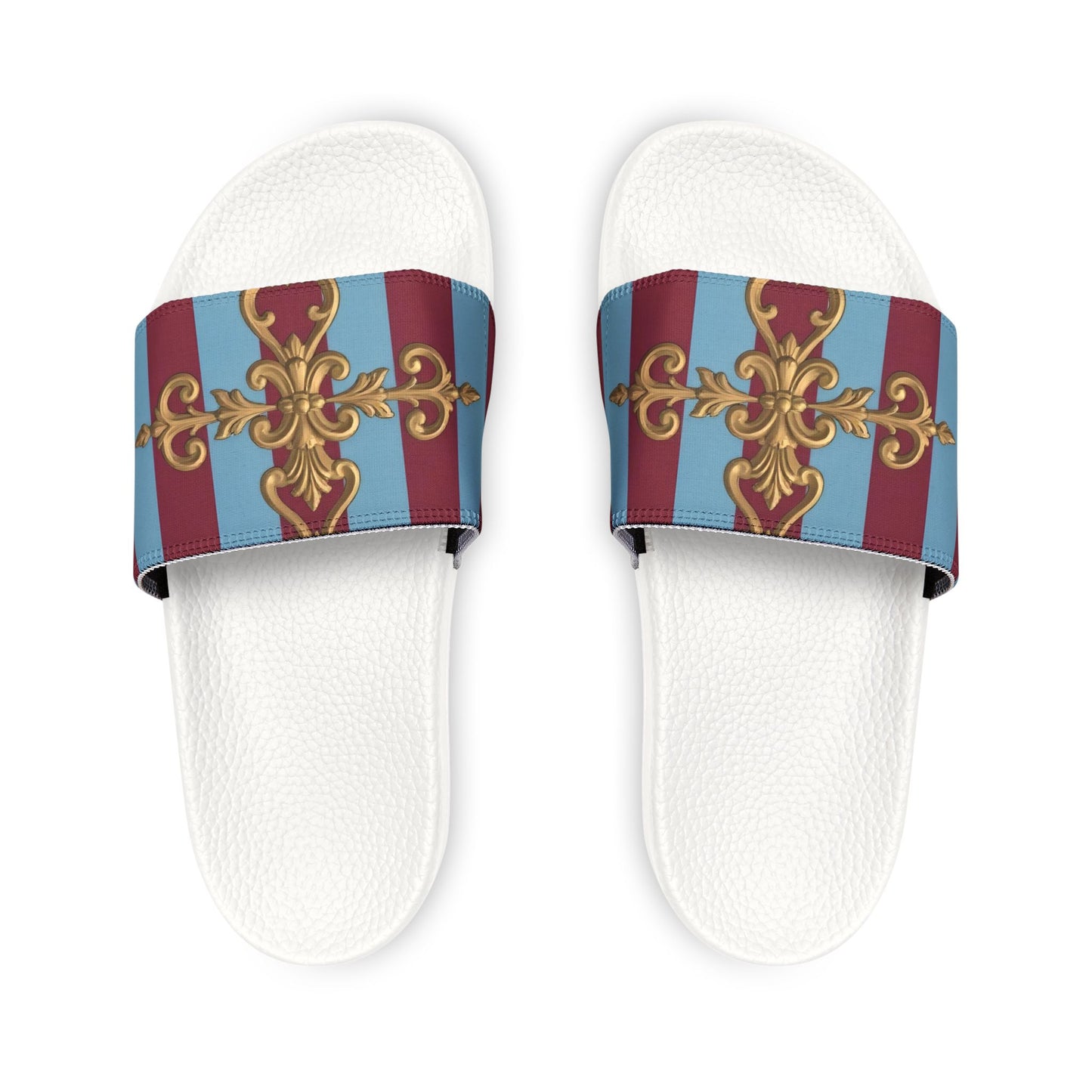 Chic Women's Sandals with Removable Straps, Stylish Flip Flops, Beach Footwear, Summer Fashion - Sky Blue & Maroon Striped Baroque