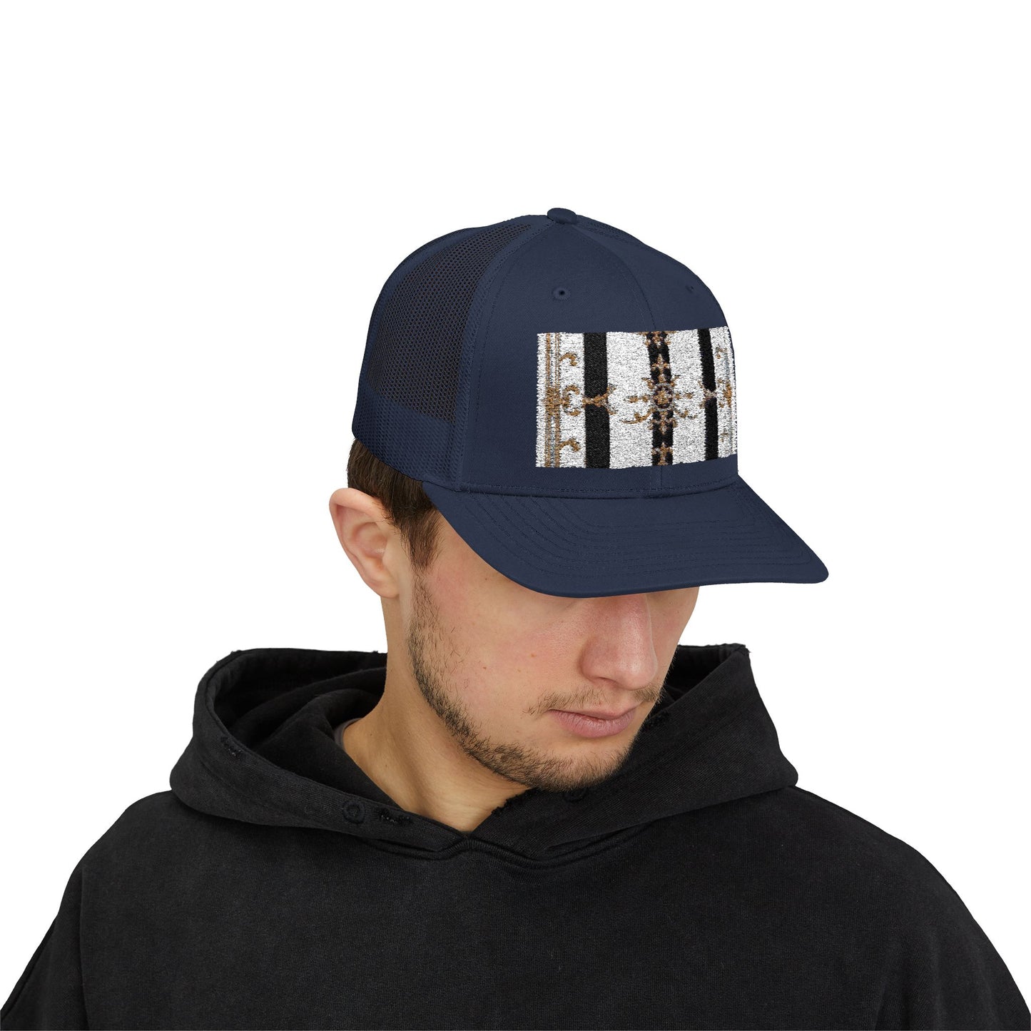 Trendy Snapback Trucker Cap, Casual Fashion Hat, Summer Accessory, Gift Idea for Cool Teens, Outdoor Activities - Black & White Striped Gold Baroque