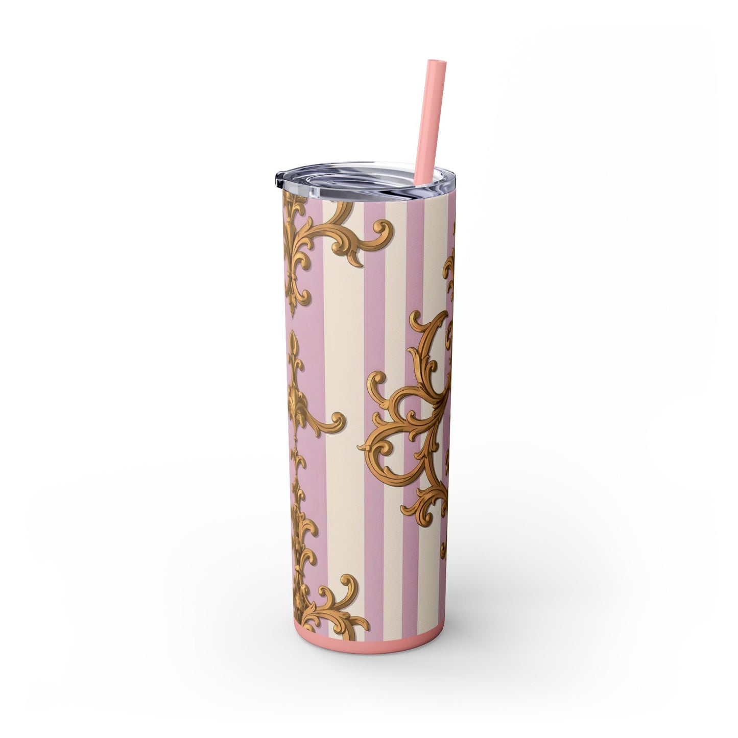 Elegant Pink Tumbler, Gold Patterned Travel Cup, Insulated Drink Holder, Stylish Coffee Tumbler - Lilac & Alabaster Striped Gold Baroque