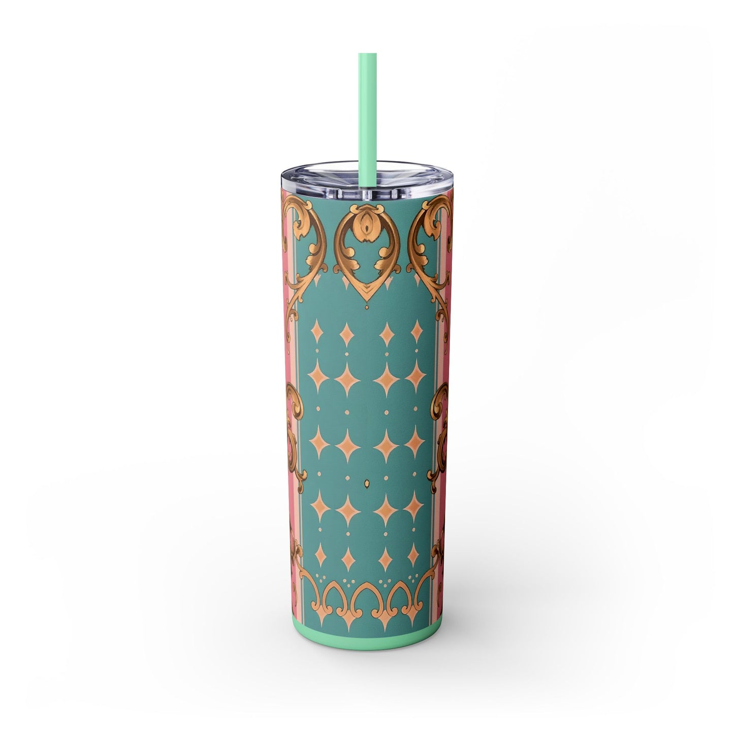 Elegant Floral Skinny Tumbler, 20oz Travel Mug, Stylish Drinkware, Perfect Gift for Her, Vintage Inspired - Pink & Matte Turquoise Striped Rococo