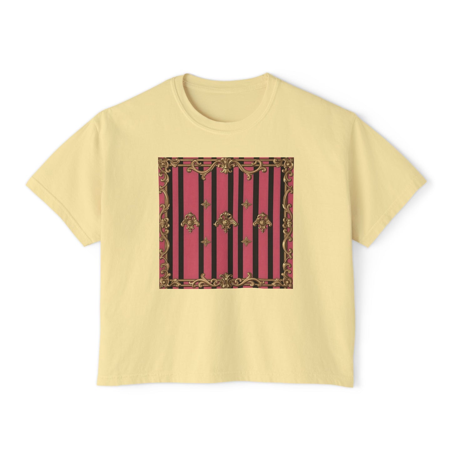 Chic Women's Boxy Tee with Vintage Floral Design, Casual Top, Summer Outfit, Gift for Her, Everyday Wear, Stylish Tee - Pink Striped Gold Rococo