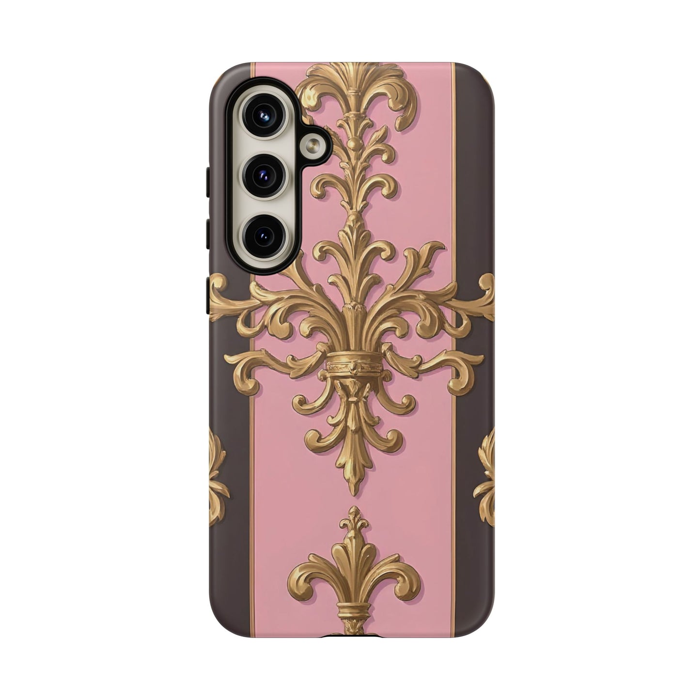 Elegant Floral Motif Phone Case - Tough Cases with Vintage Design - Pink & Brown Striped Gold Damask