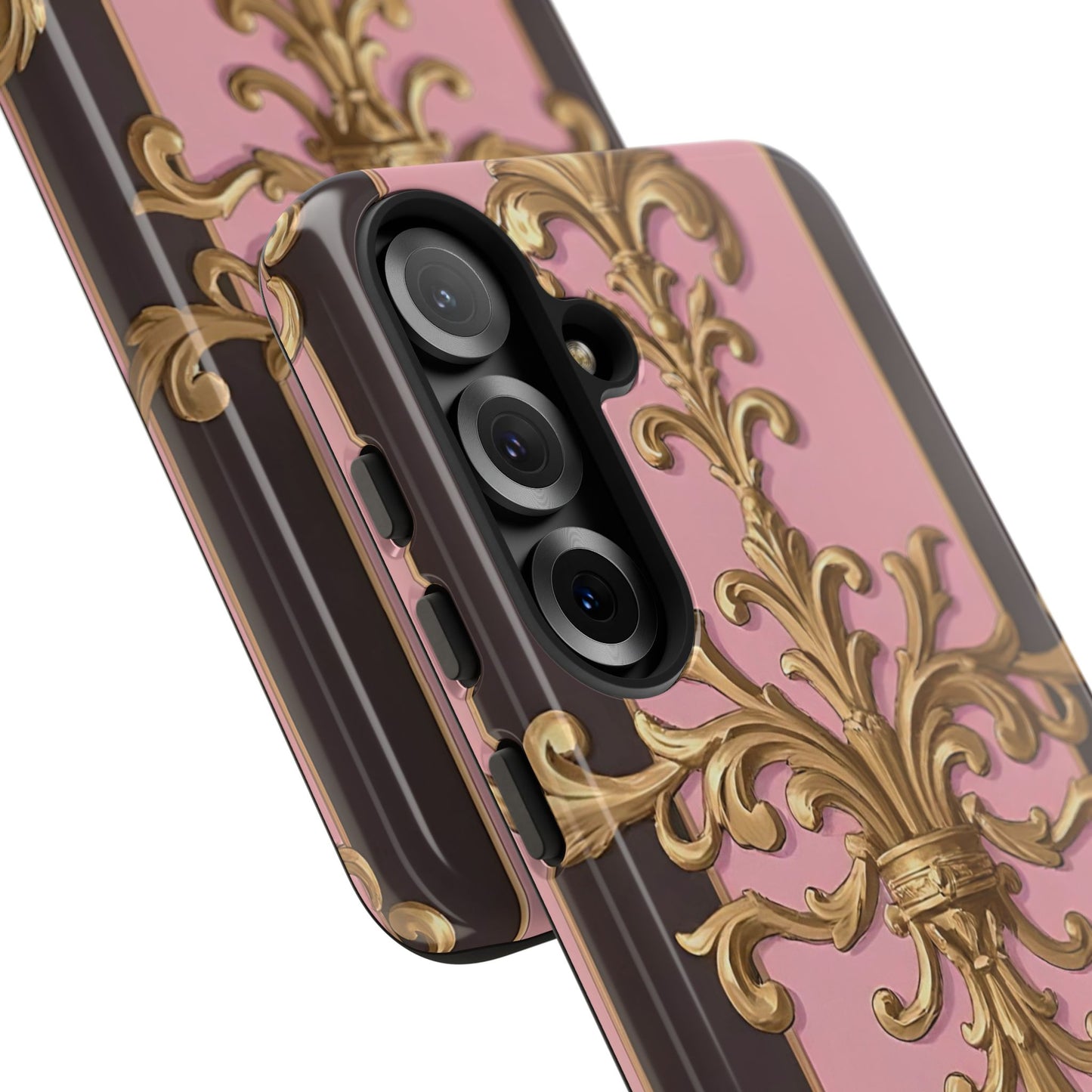 Elegant Floral Motif Phone Case - Tough Cases with Vintage Design - Pink & Brown Striped Gold Damask