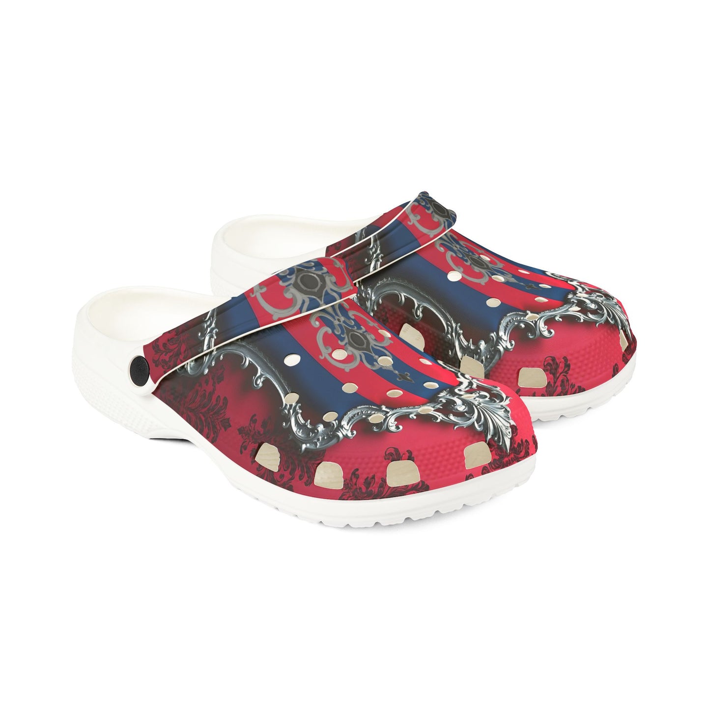 Stylish EVA Foam Rubber Clogs - Vibrant Floral Design, Comfortable Garden Footwear, Trendy Summer Shoes - Blue & Red Striped Silver Crest