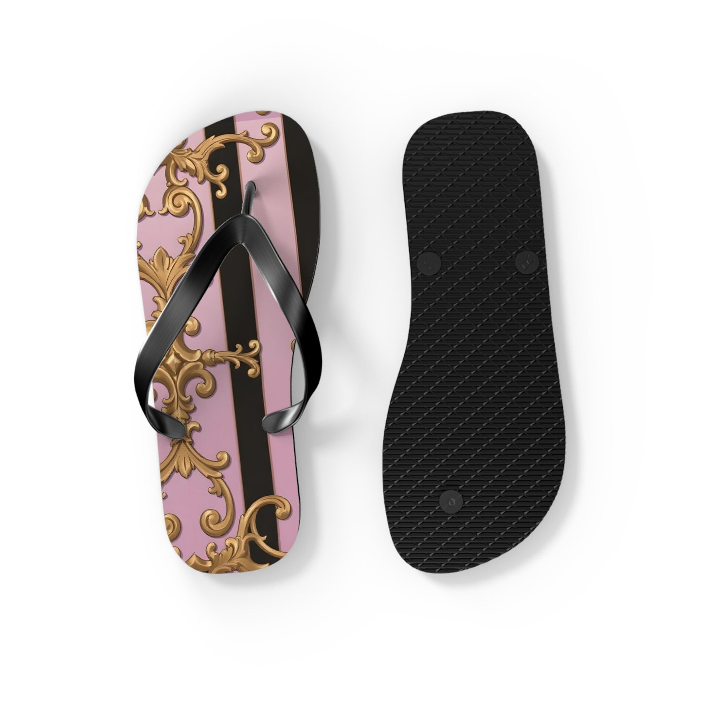 Chic Floral Flip Flops, Summer Sandals, Beach Footwear, Vacation Style, Poolside Essentials - Matte Lavender & Black Striped Gold Baroque