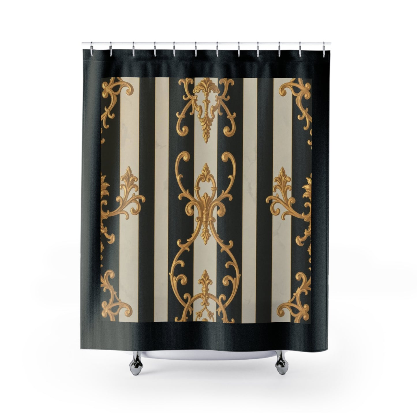 Elegant Black and Alabaster Striped Baroque Shower Curtains, Luxury Bathroom Decor, Modern Home Accents, Stylish Gift, Elegant Design