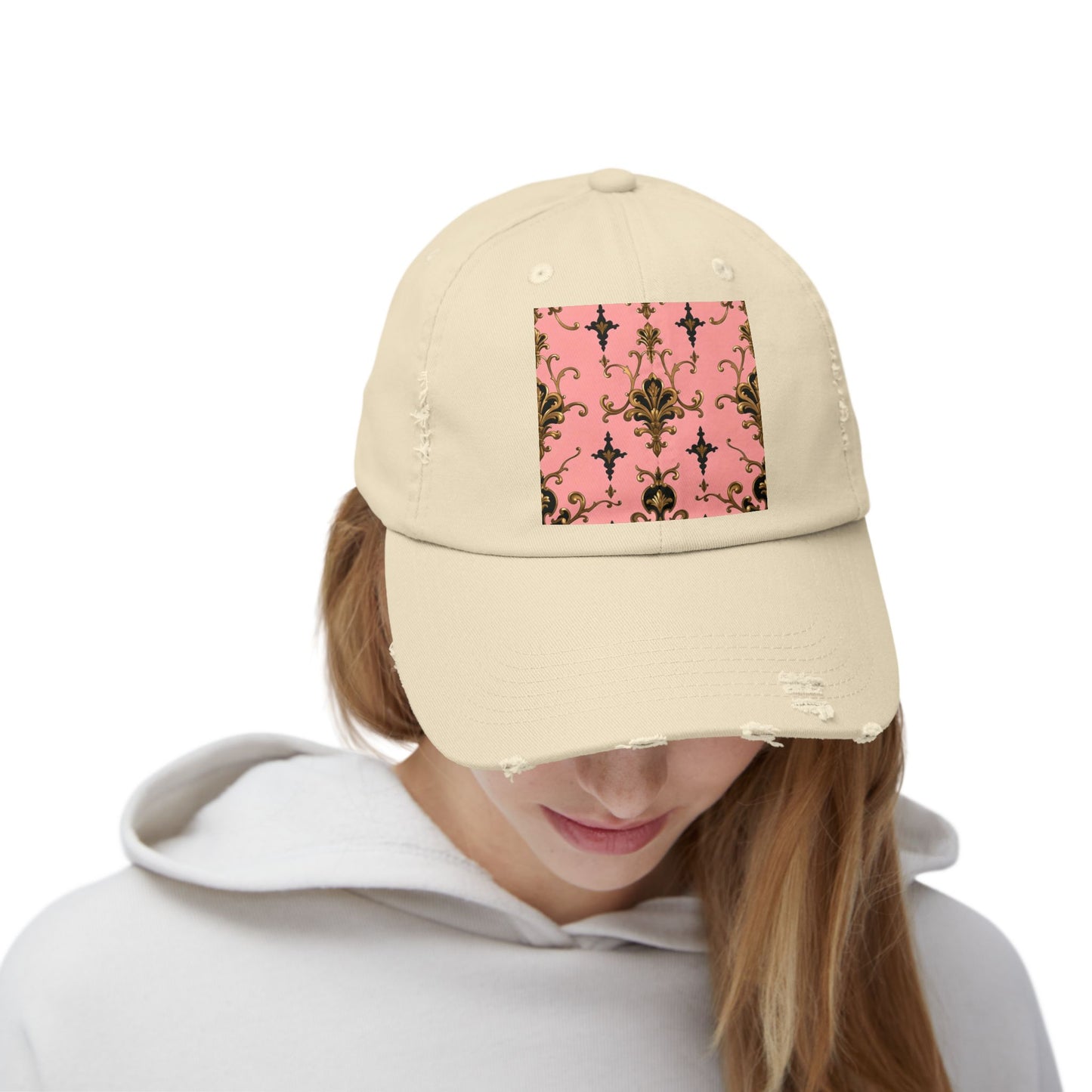 Chic Distressed Cap, Fashionable Baseball Hat, Casual Summer Headwear - Pink, Black & Gold Rococo