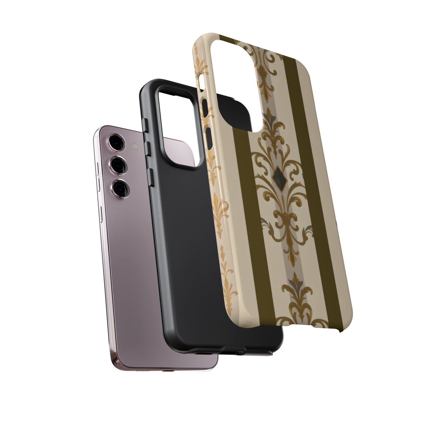 Elegant Floral Motif Phone Case - Tough Cases with Vintage Design - Olive Striped Gold Damask