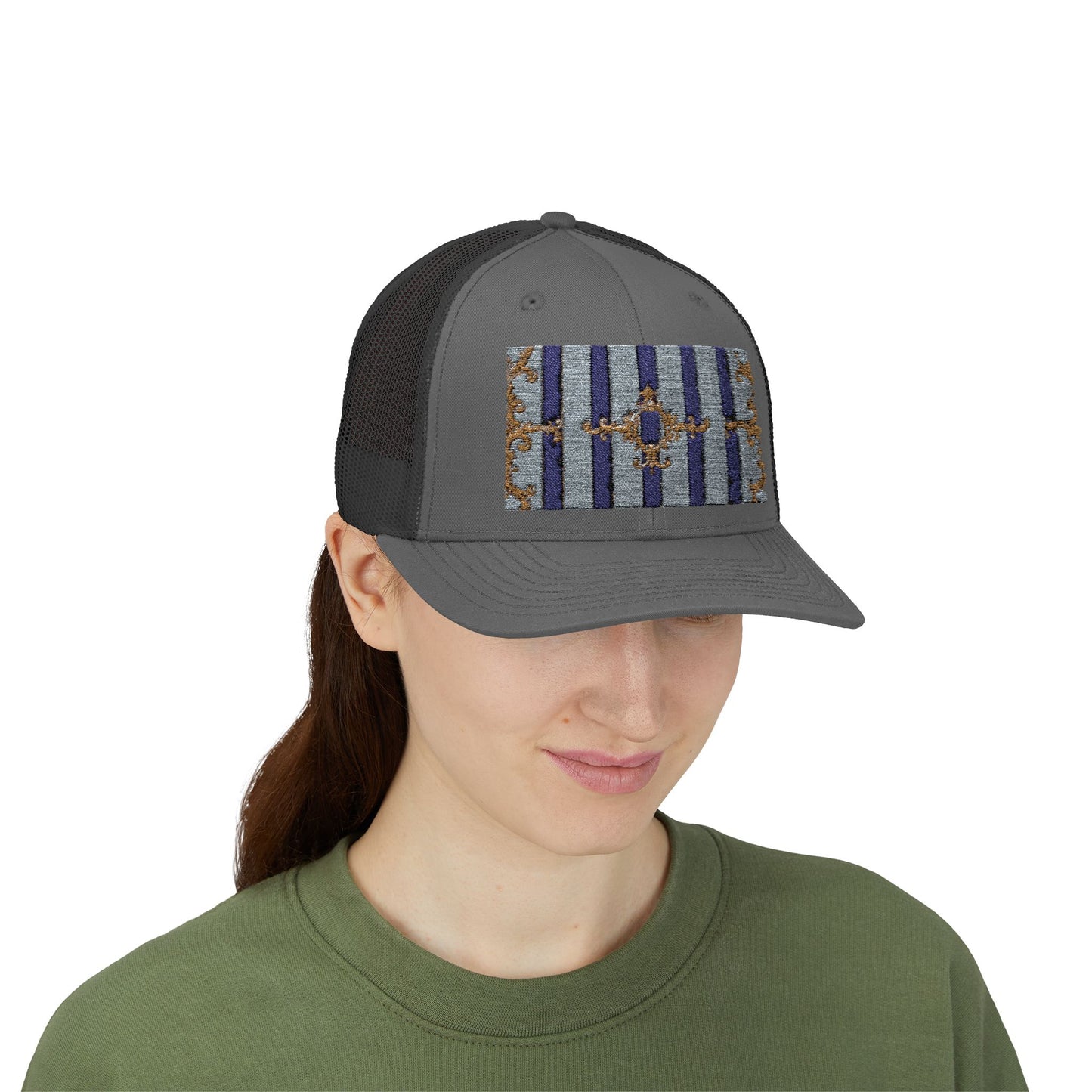 Stylish Snapback Trucker Cap with Vibrant Pattern, Trendy Hat for Outdoor Adventures, Casual Wear - Striped Gold Baroque