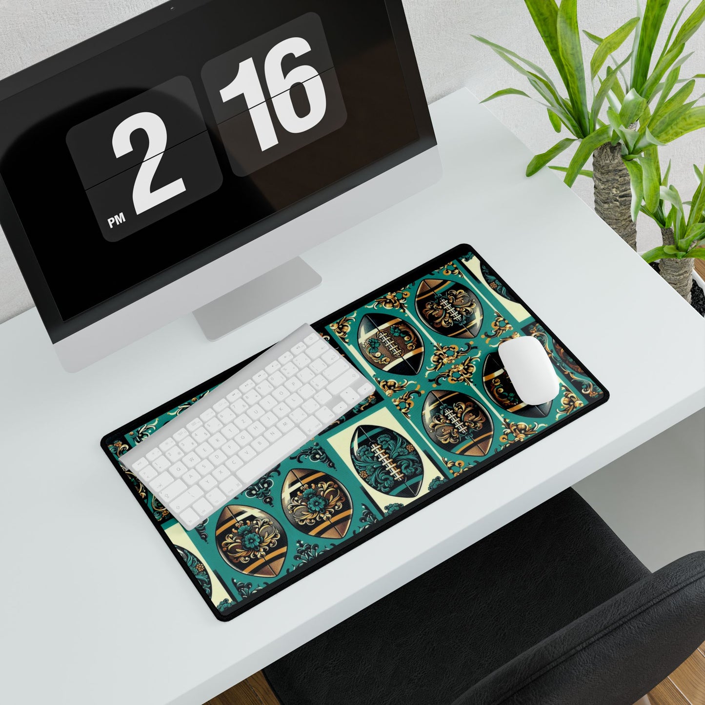 Desk Mat - Elegant Floral Motif for Home Office Decor - Teal, Gold & Black Damask Footballs