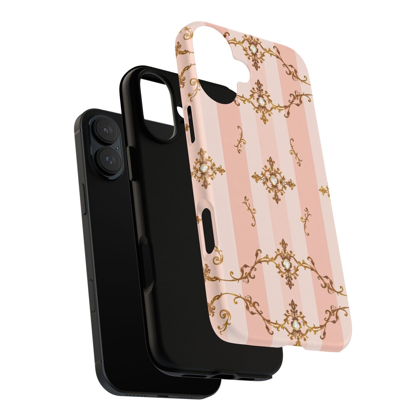 Elegant Floral Phone Case, Tough Cases for Women, Trendy Phone Cover, Chic Gift - Pink Jeweled Striped Gold Baroque