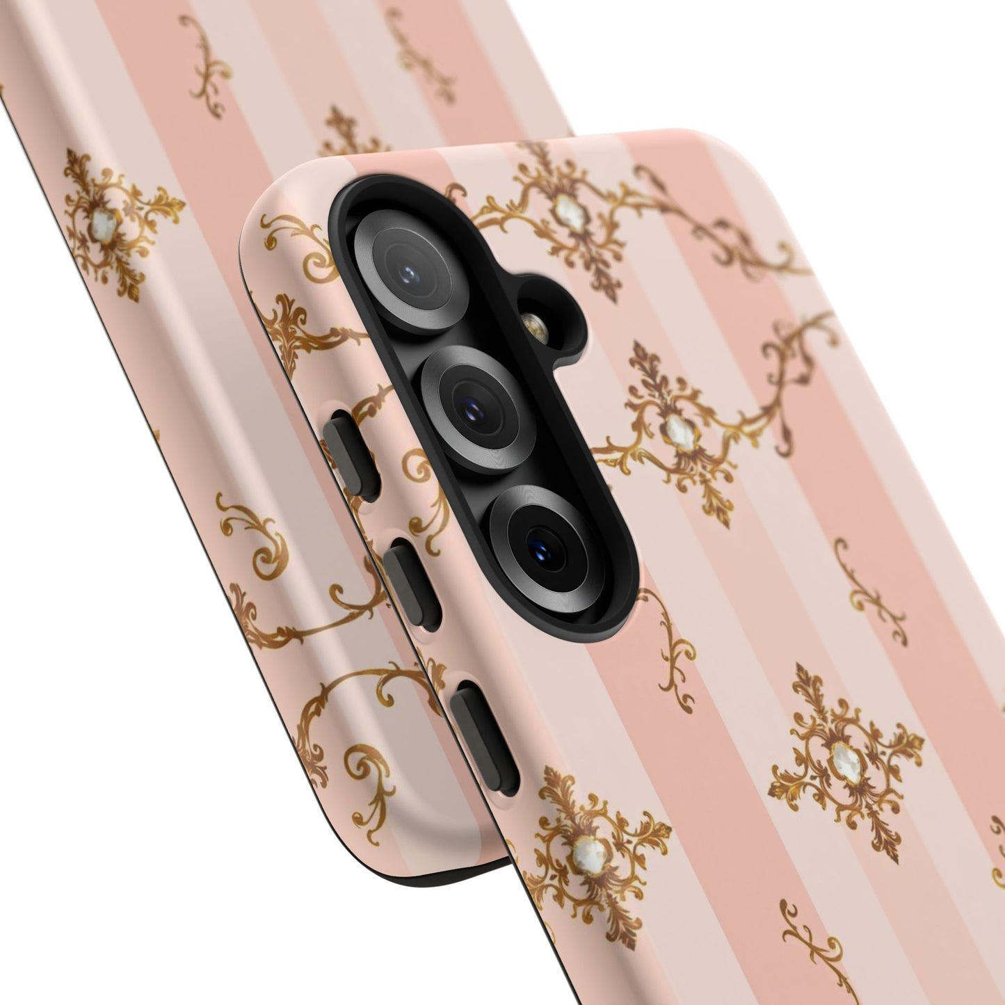Elegant Floral Phone Case, Tough Cases for Women, Trendy Phone Cover, Chic Gift - Pink Jeweled Striped Gold Baroque