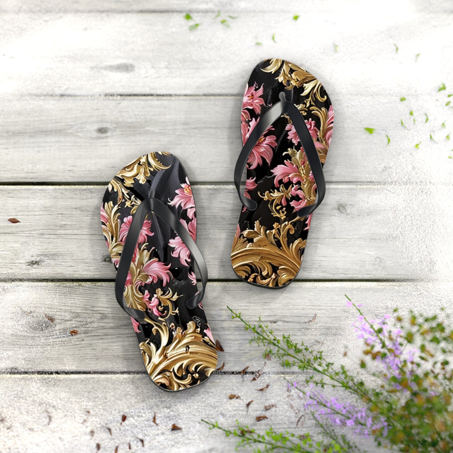 Elegant Floral Flip Flops - Summer Footwear, Beach Sandals, Vacation Accessories, Travel Essentials - Black & Pink Oil Painting Style Rococo