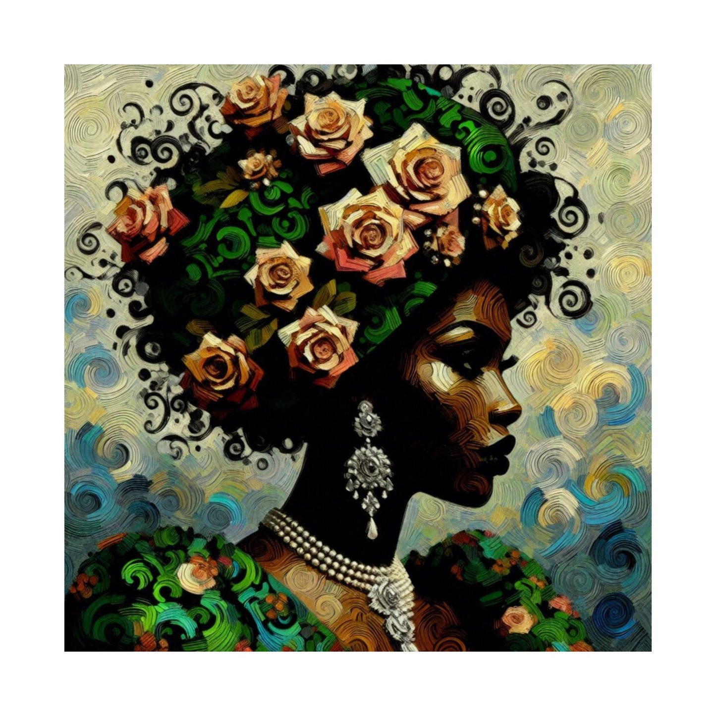 Floral Afro Art Poster - Elegant Matte Vertical Wall Decor - Lady In Green & Damask