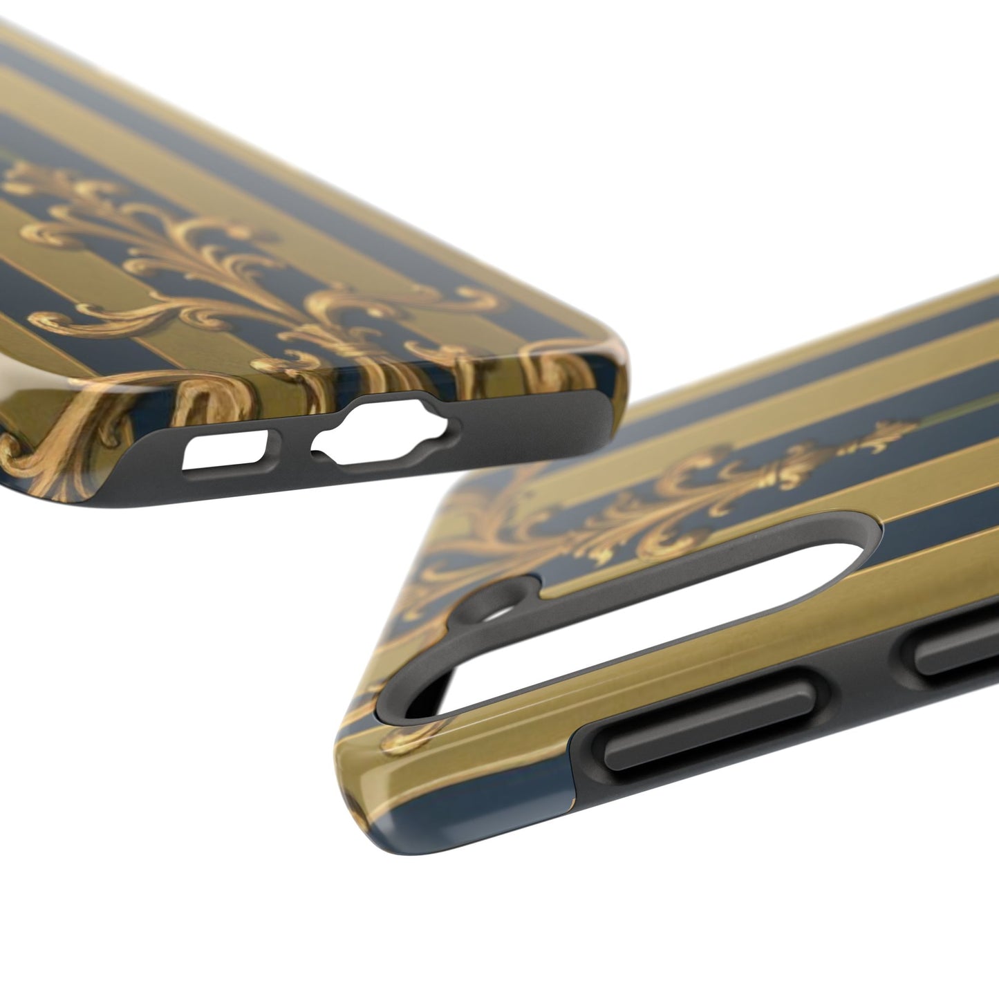 Elegant Midnight Blue & Olive Striped Gold Baroque Tough Phone Case, Phone Cover, Durable Case for Protection, Stylish Gift for Him/Her