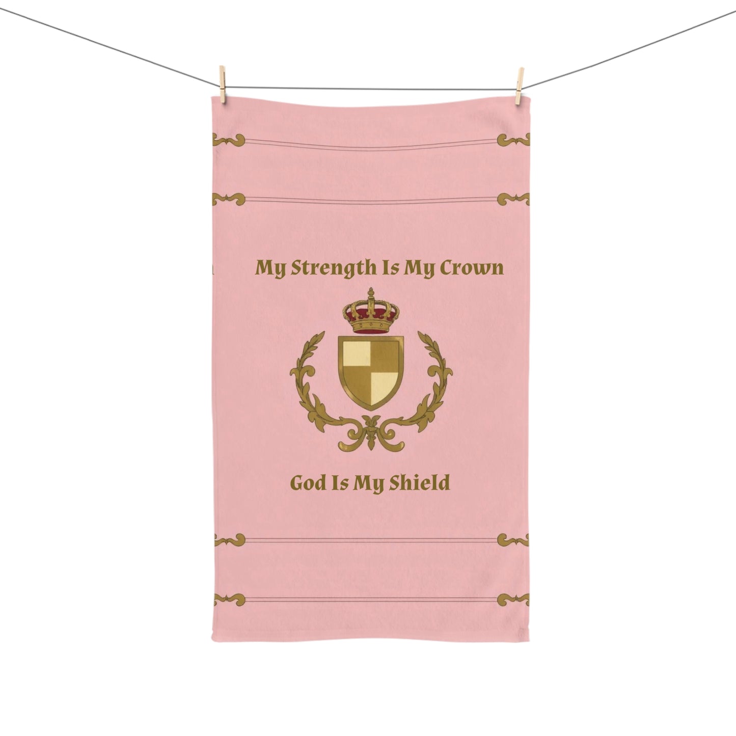 Crown & Crest Spiritual Quote Inspirational Hand Towel with Crown Design, Motivational Kitchen Towel, God Is My Shield, Strength Quote Towel