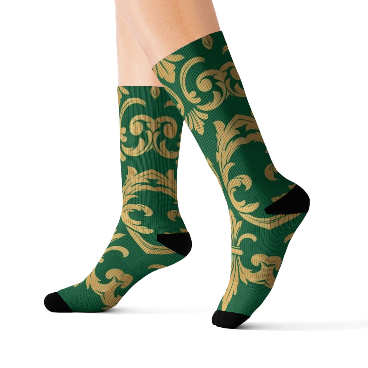 Green Baroque Pattern Sublimation Socks — Gold Baroque Crew Socks