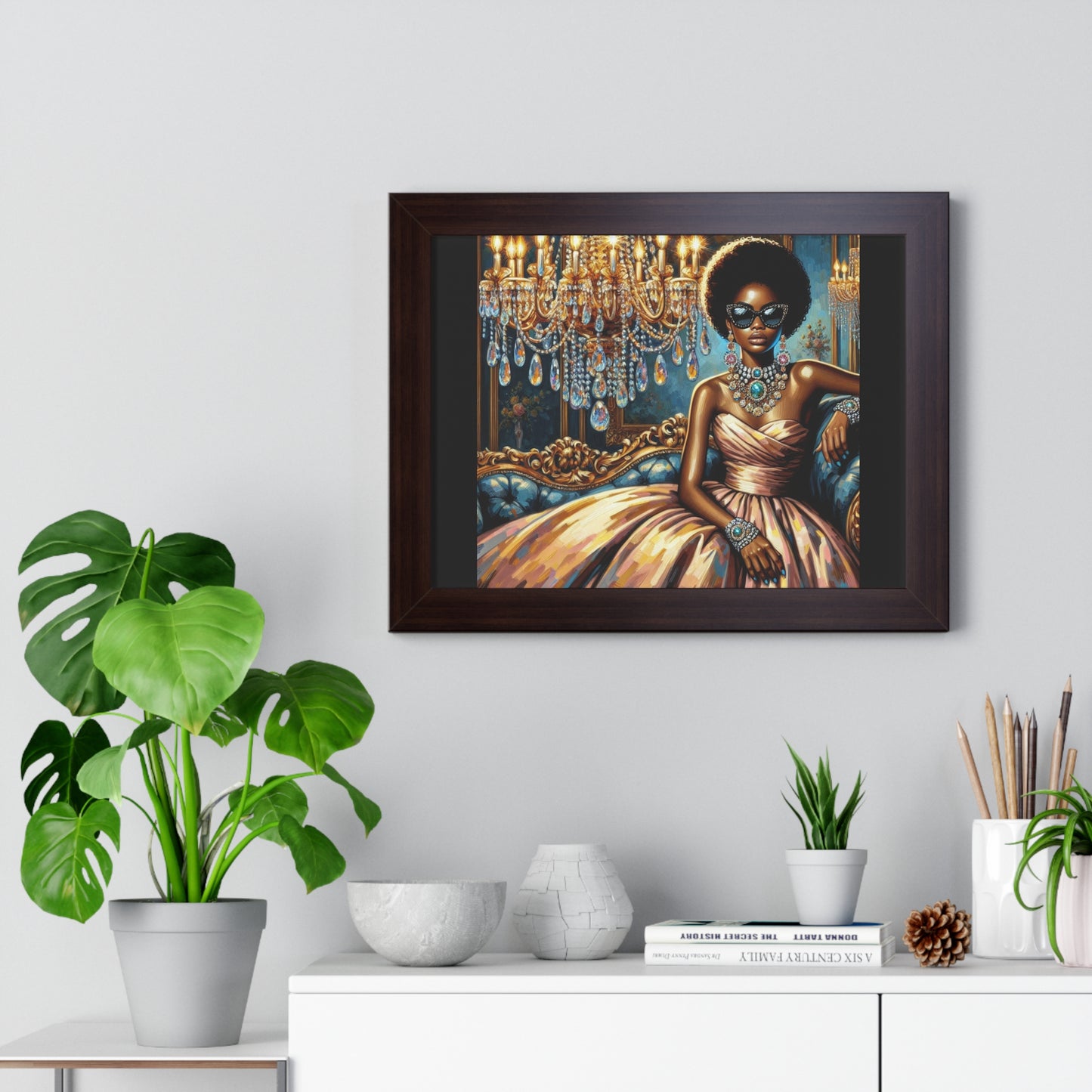 Elegant Framed Art Print | Chic Home Décor, Wall Art for Living Room, Unique Gift, Glamorous Aesthetic, Fashionable - Elegant Lady & Chandelier