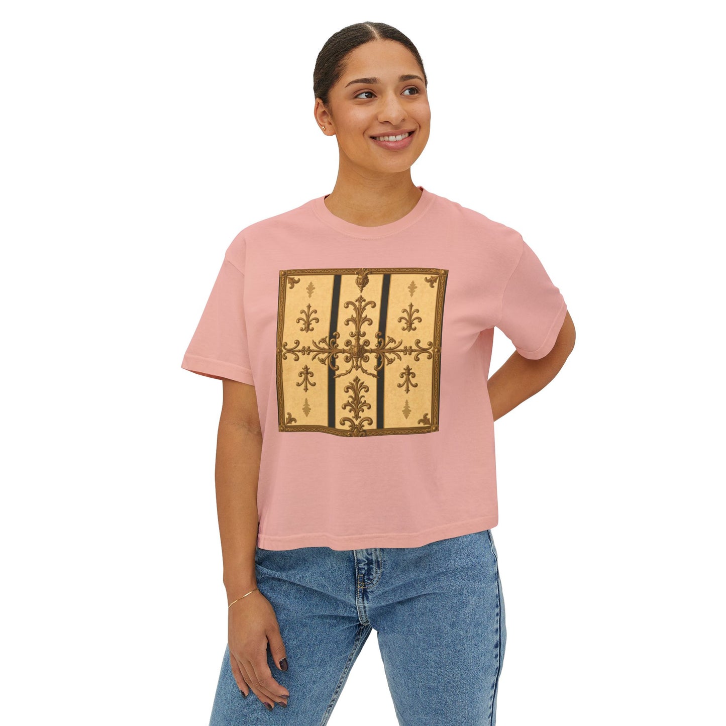 Chic Vintage Women's Boxy Tee, Casual Top, Retro Fashion T-Shirt, Gift for Her, Stylish Graphic Tee - Matte Yellow Striped Antique Rococo