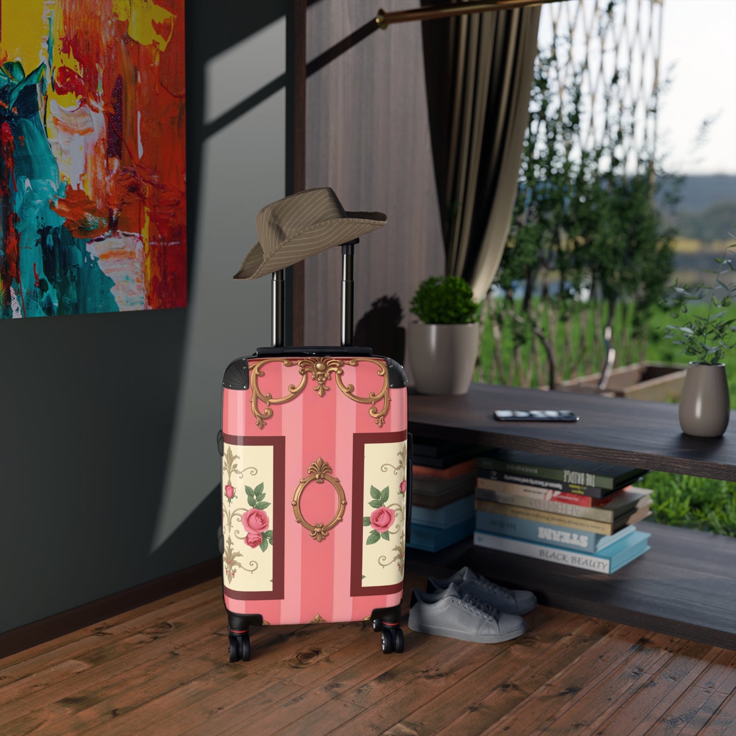 Vintage Floral Design Suitcase | Stylish Travel Luggage for Fashion Lovers - Pink Striped Baroque & Roses