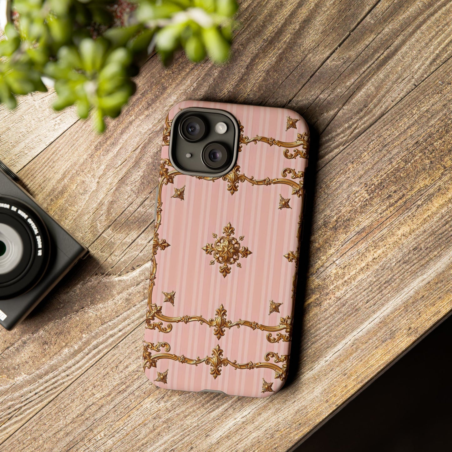 Elegant Floral Phone Case, Tough Cases for Women, Trendy Phone Cover, Chic Gift - Pink Striped Gold Baroque