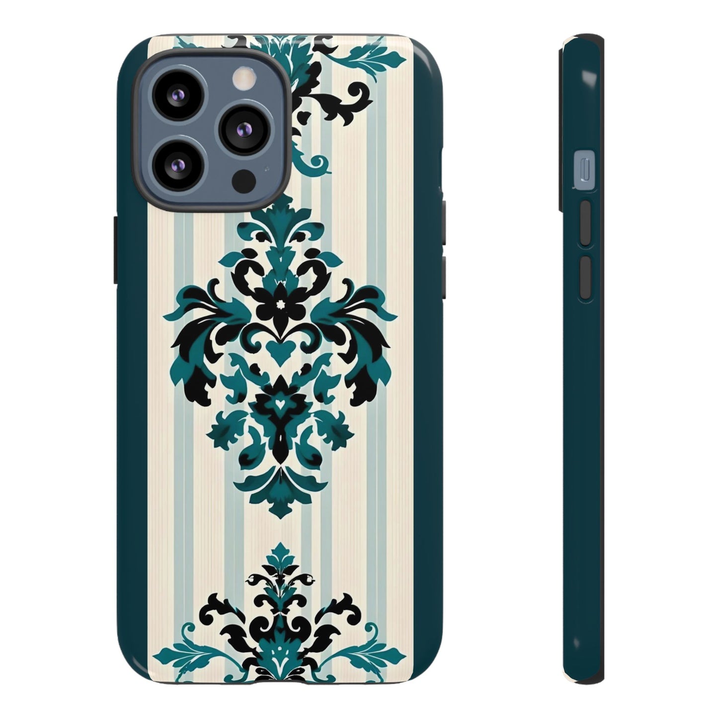 Elegant Floral Phone Case - Tough Cases with Vintage Design - Teal Striped Damask