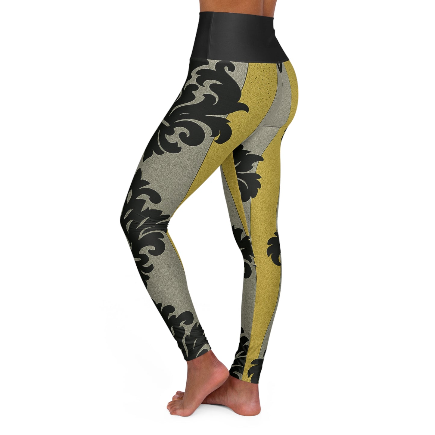 Chic High Waisted Yoga Leggings, Stylish Activewear for Fitness, Comfortable Leggings, Perfect for Yoga & Pilates - Silver & Gold Striped Black Baroque