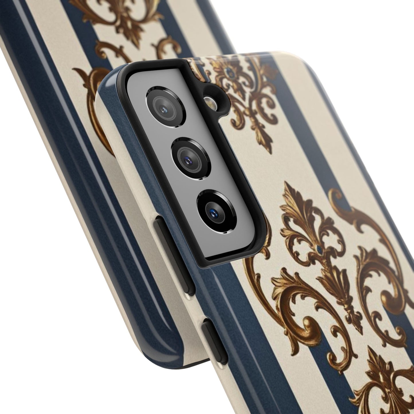 Damask Tough Phone Case - Alabaster & Blue Striped Damask