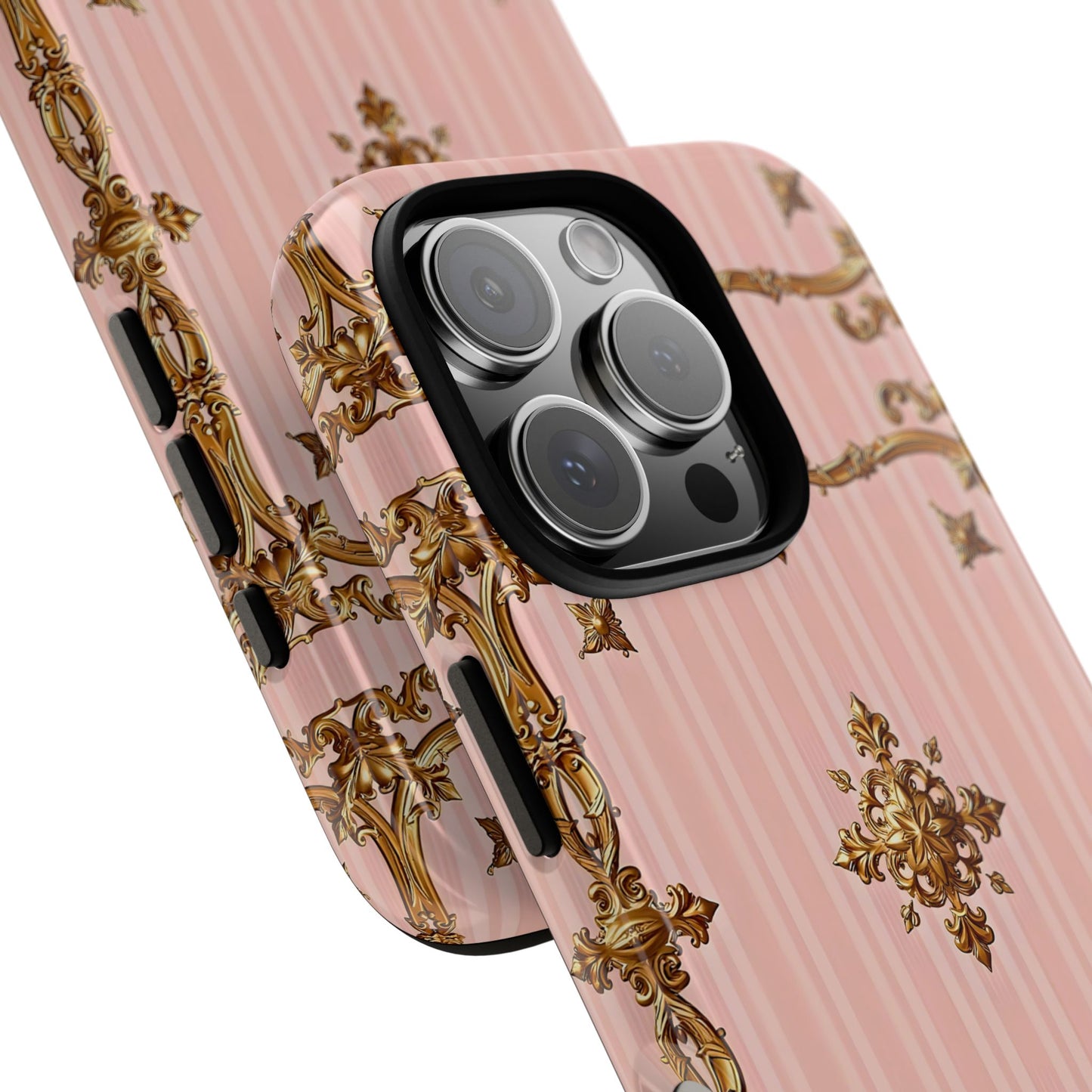 Elegant Floral Phone Case, Tough Cases for Women, Trendy Phone Cover, Chic Gift - Pink Striped Gold Baroque