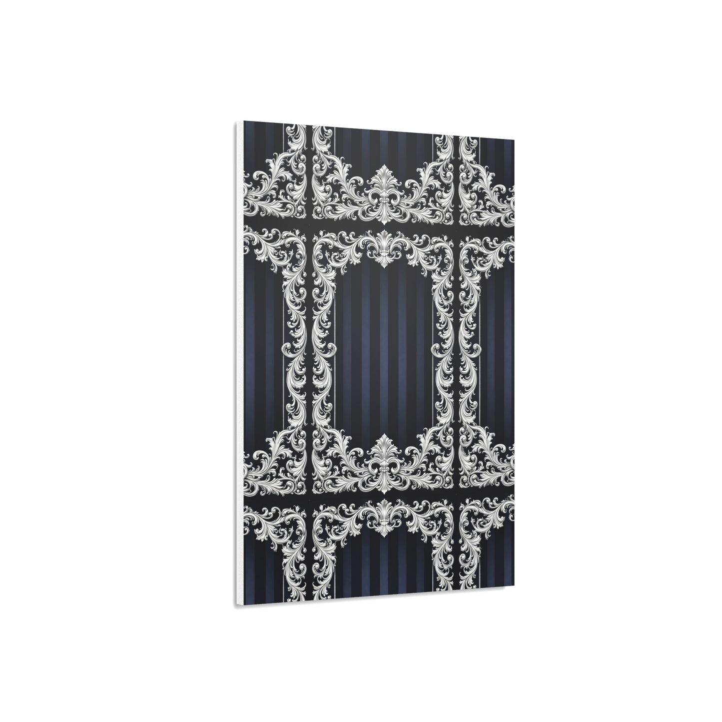 Navy Stripes & Baroque Foam Board Backdrop — Ornate Silver Scroll Panel