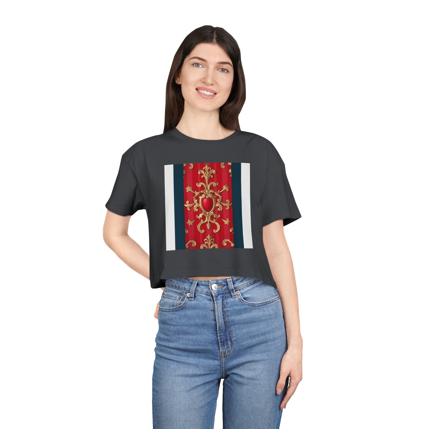 Women's Vintage Floral Crop Tee, Casual Summer Top, Bohemian Fashion, Trendy T-Shirt, Vacation Outfit - Blue, Red & White Striped Baroque