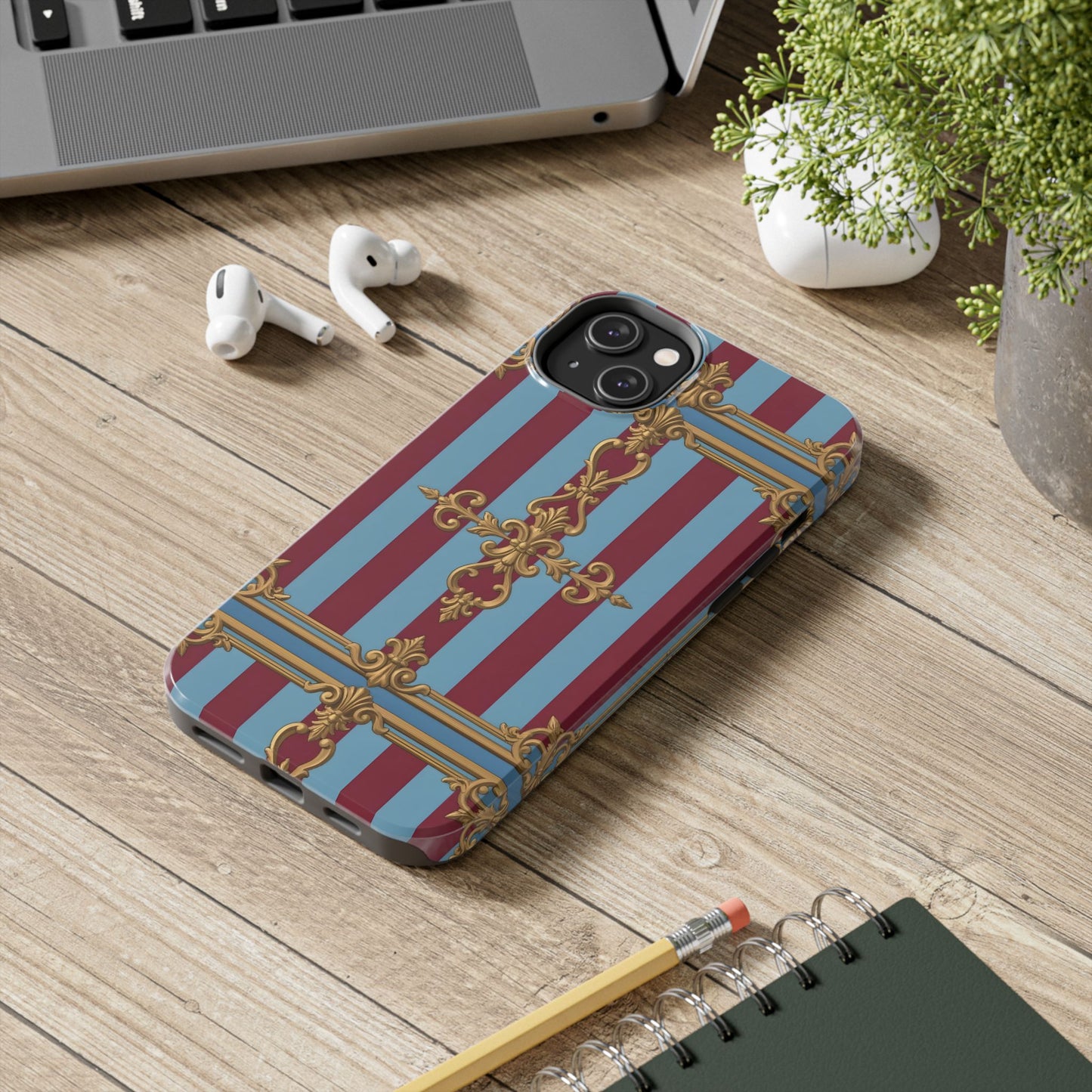 Elegant Patterned Tough Phone Cases, Stylish Phone Cover, Durable Phone Protection, Unique Gift Idea - Sky Blue & Maroon Striped Baroque